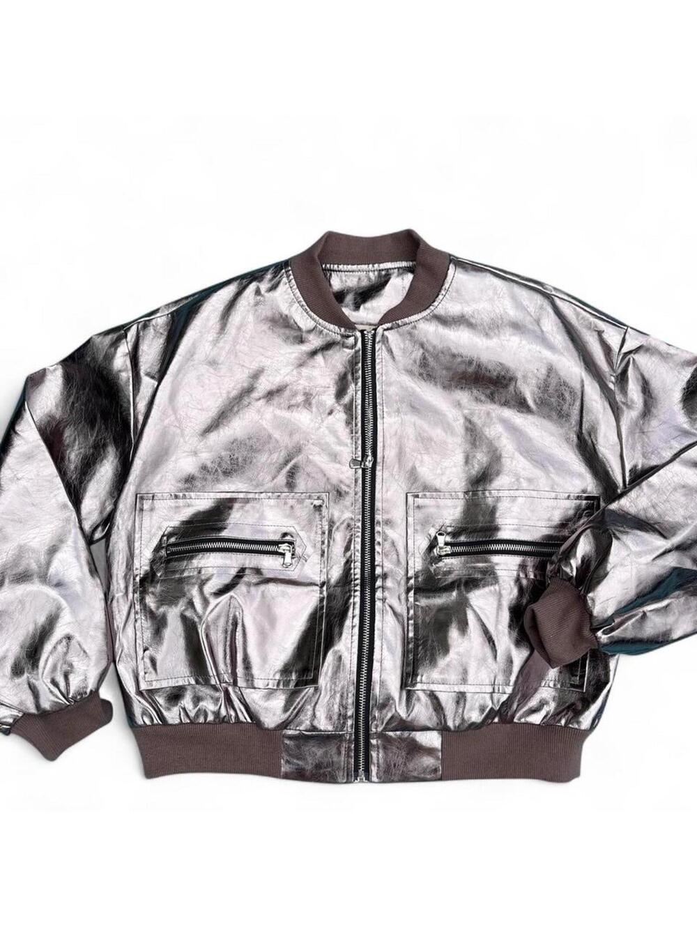 Silver rose mauve metallic bomber jacket with brown accents